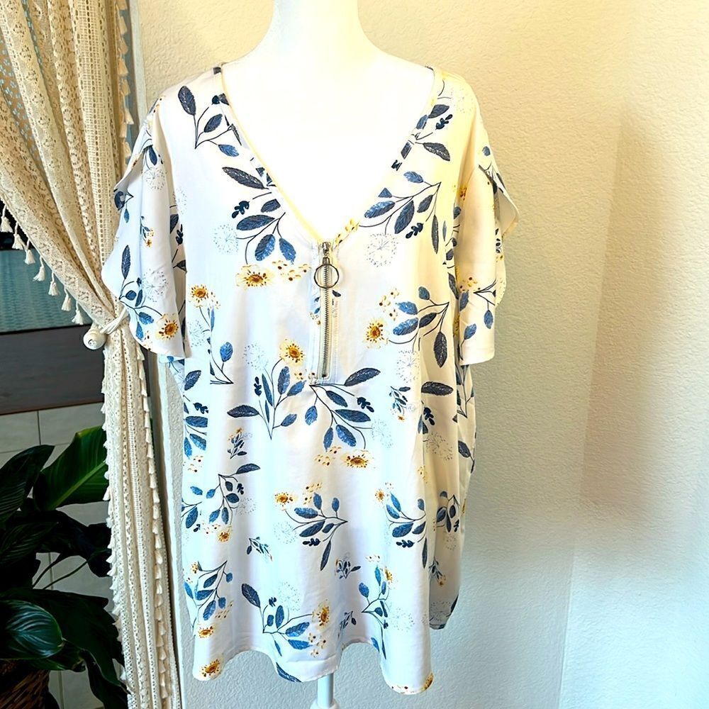 BloomChic Floral Split-Flutter Sleeve Blouse with Zipper Front Detail
